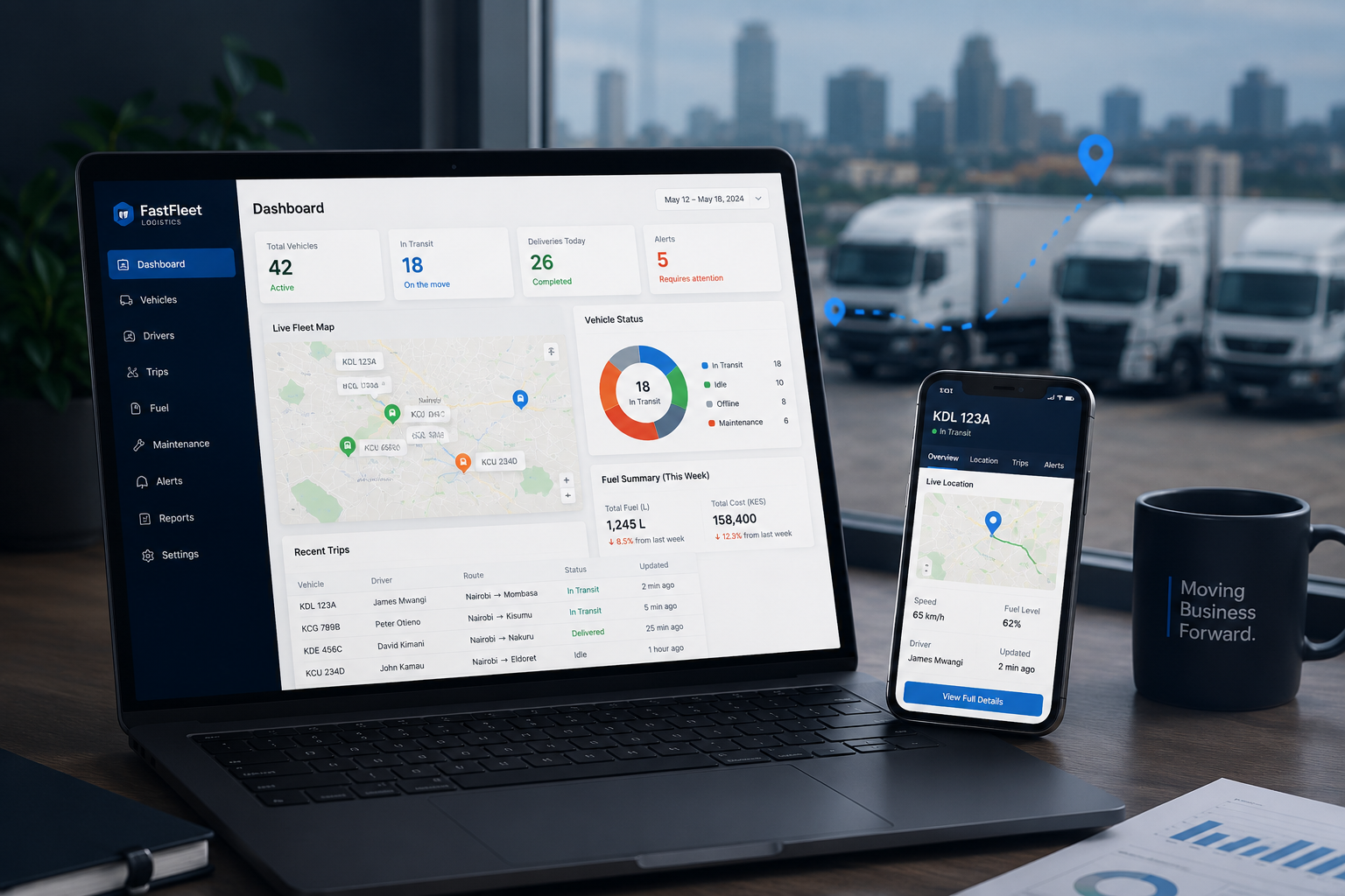 Fleet management dashboard showing vehicle status and compliance
